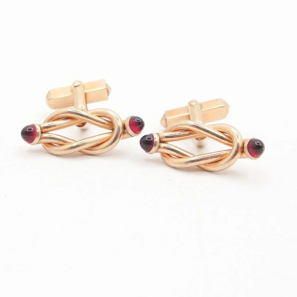 Vintage SWANK Infinity Eternity Love Knot Cufflinks Red Glass Cabochon Art Deco